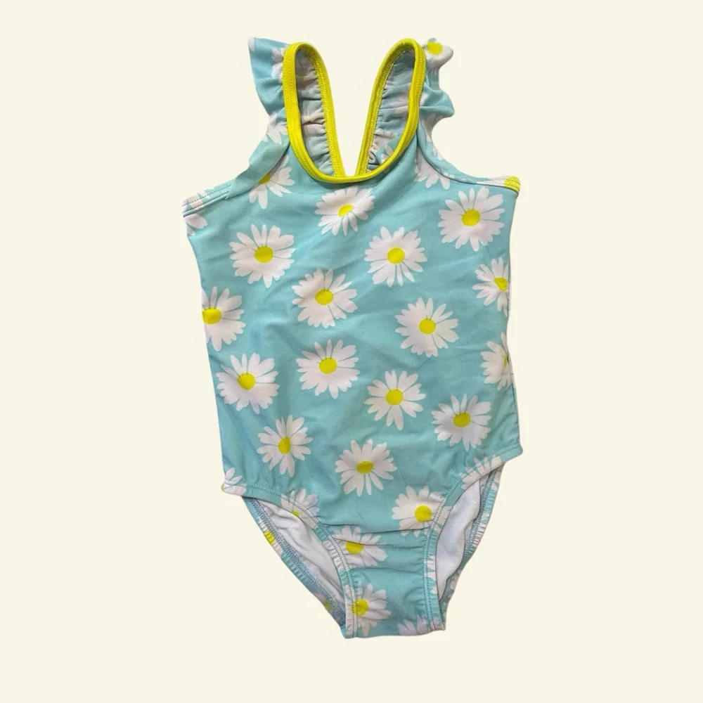 The Children's Place Girls One Piece Swimsuit 3T Blue White Daisy